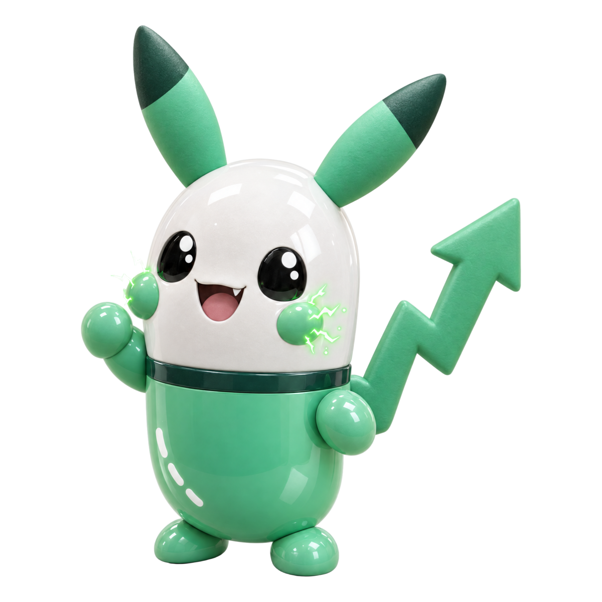 PUMPACHU: a pearl-white and mint pill with long mint ears, green spark cheeks and a zig-zag chart tail